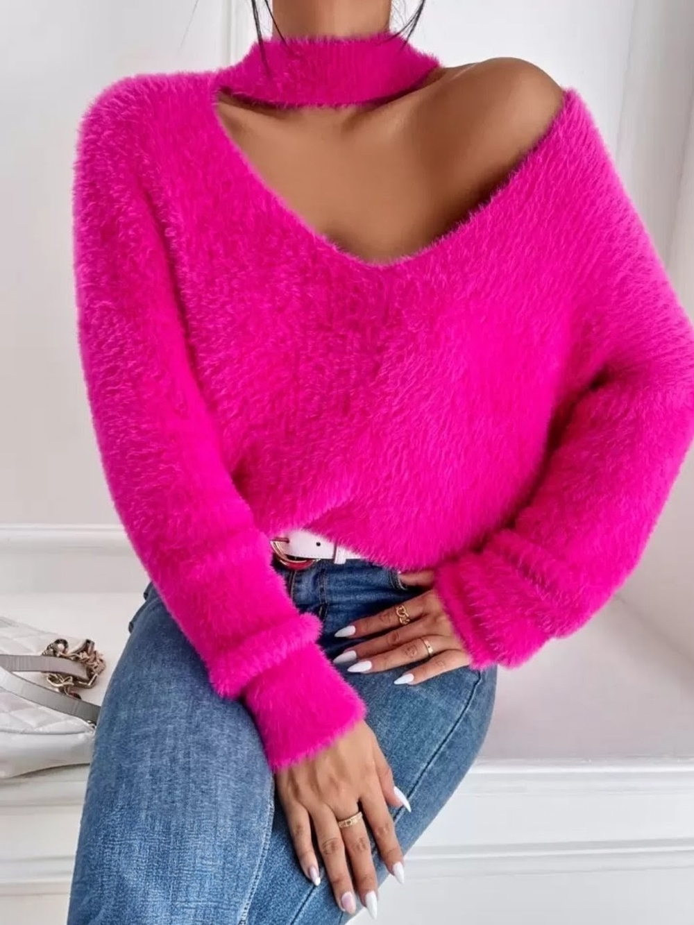 SHEIN Hot Pink Fuzzy V-Neck Sweater with Choker